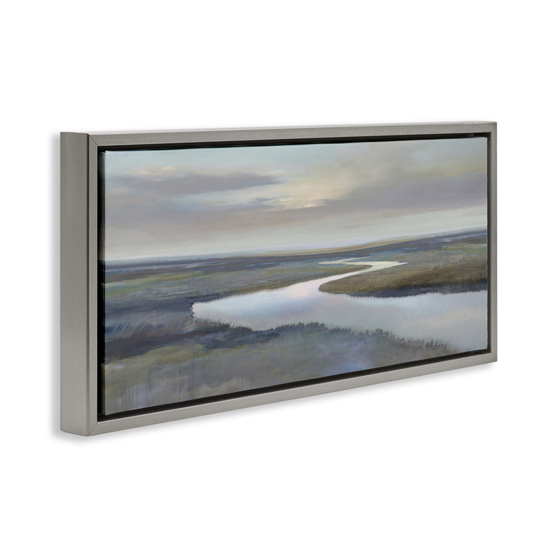 Cadre flottant Foggy Riverbend Atmosphere, design par Christy McKee, H 14 po x l 31 po, Cadre flottant gris lustré