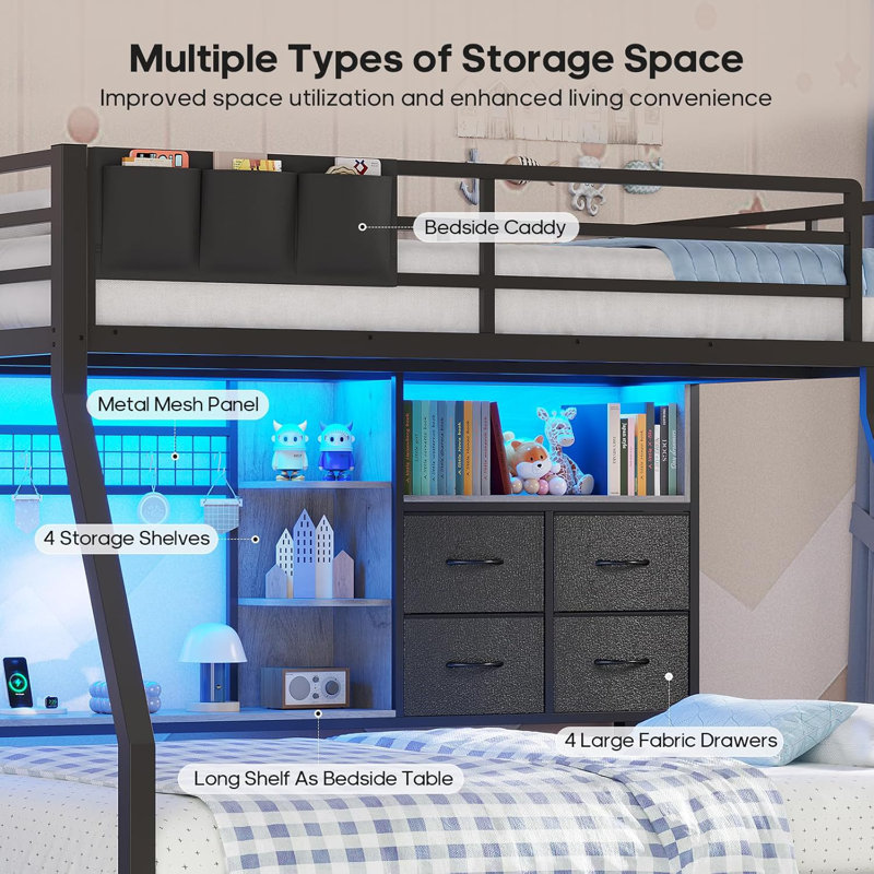 Full Over Full Bunk Beds With 4 Storage Drawers & Shelves & Bedside Caddy, Bunk Bed With Charging Station & Led Lights, Full Size Bunk Bed With Safety Guardrail & Angled Ladder