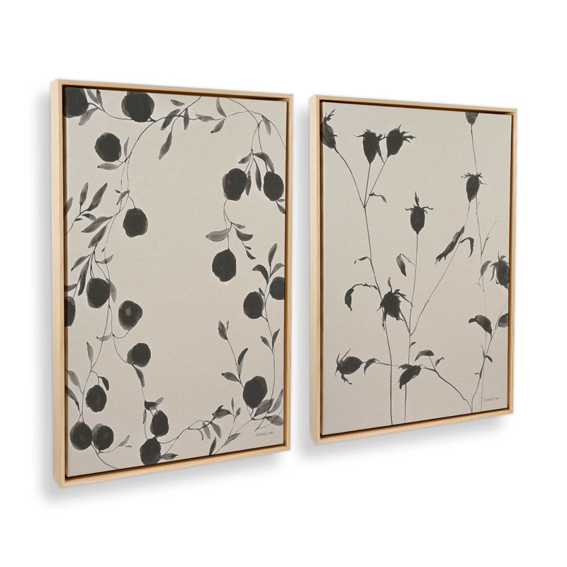 «Black Ink Botanicals», ensemble de 2, H 19 po x l 26 po, Cadre américain en érable flottant