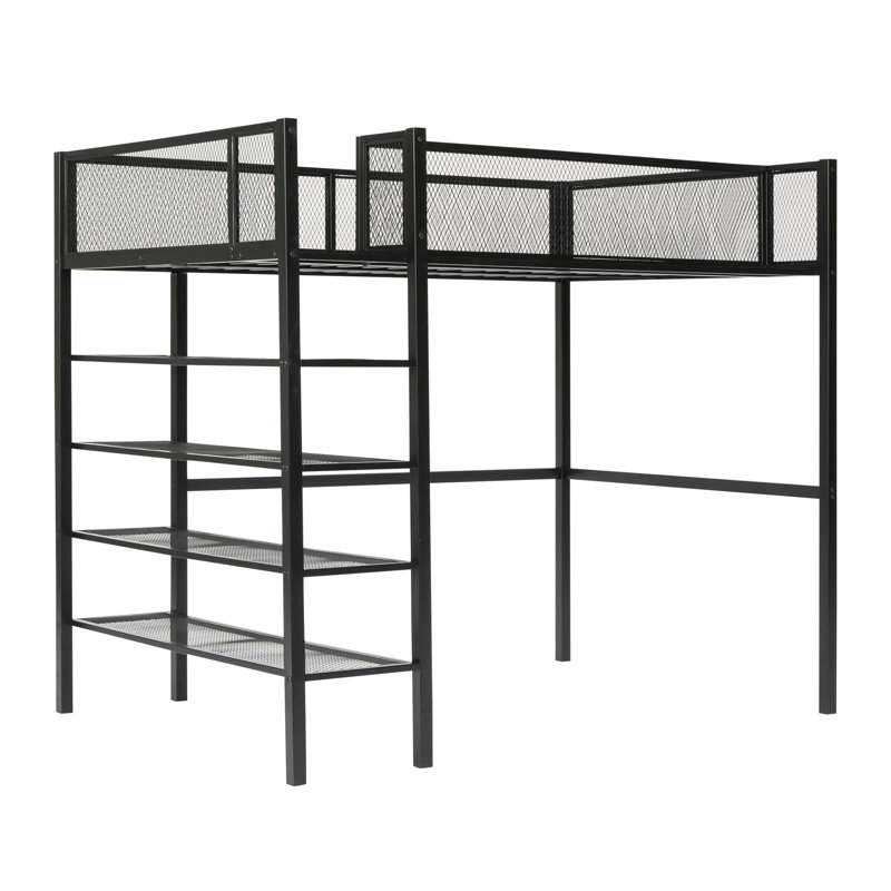 Lit mezzanine en métal avec tablettes à 4 niveaux et rangement, Lit simple, Noir