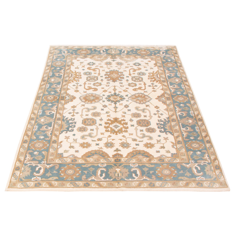 Tapis unique en laine noué à la main 6 pi x 9 pi 2 po nouvel âge Collie - crème / beige / bleu