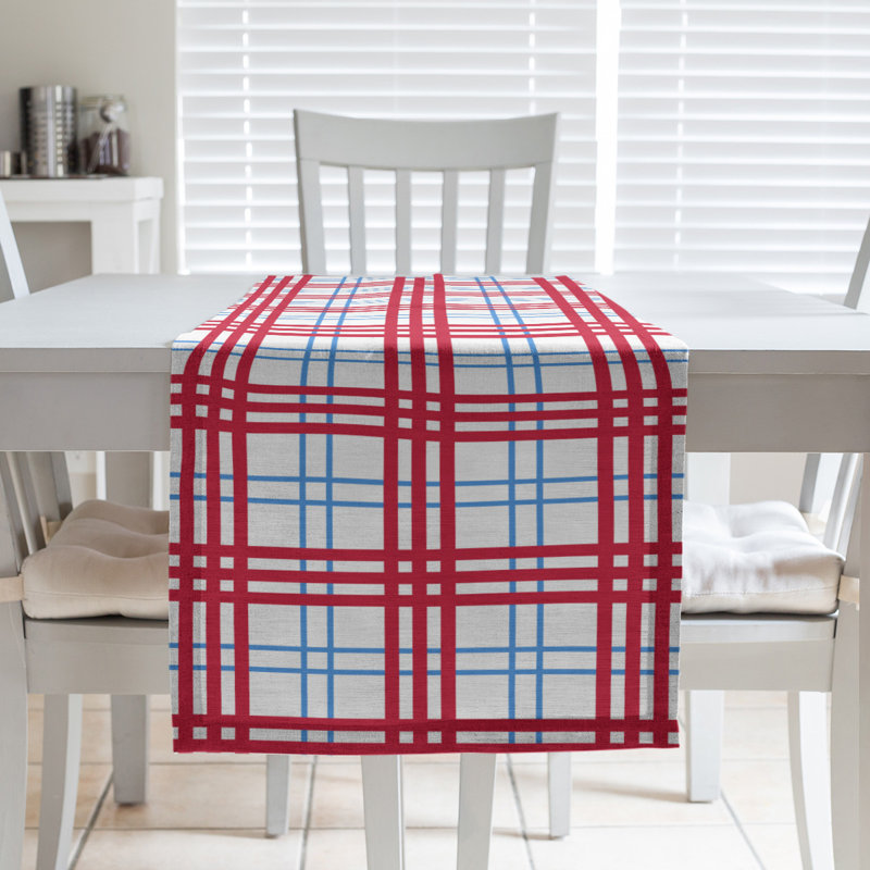 Paid Polyester Table Runner, 72" L x 16" W, White/Light Blue/Red