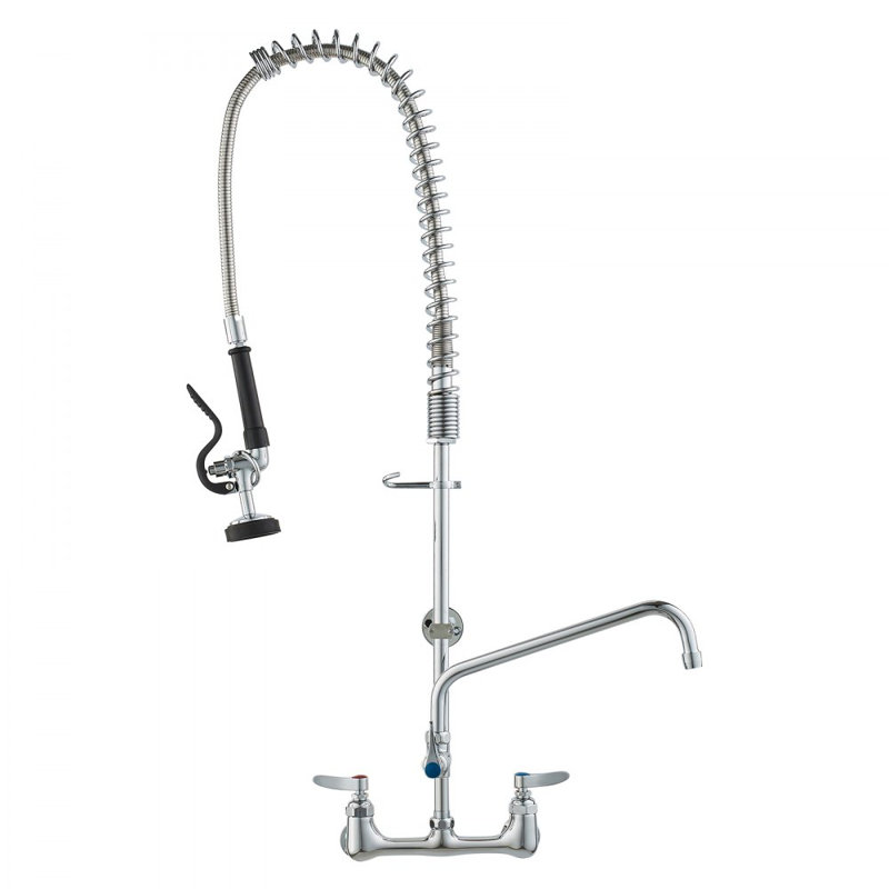 Commercial Faucet with Pre-Rinse Sprayer, 36" Height, 8" Center, 12" Swing Spout, Wall Mount Kitchen Sink Faucet, Brass Constructed Device with Pull Down Spray, for 1/2/3 Compartment Sink