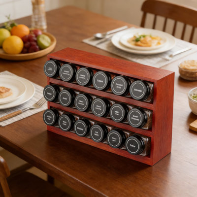 Ensemble de support à épices en bambou avec 28 pots en verre, 780 étiquettes, tablette à 4 niveaux, marqueur à craie et entonnoir pour comptoir de cuisine, armoire, tiroir ou fixation murale