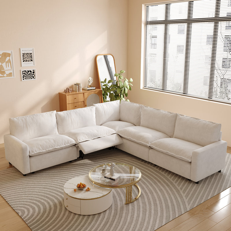 5-Piece Power Recliner Sectional Sofa, Couch With Heating Cushion, Beige Linen
