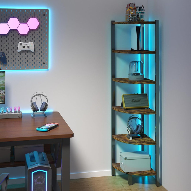 Bibliothèque d'angle à 6 niveaux - Organisateur 66 "avec structure en acier pour le salon, la chambre à coucher ou le bureau - Brun rustique