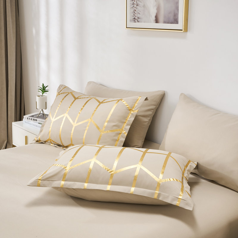  7-Piece King Size Metallic Geometric Comforter Set, Modern Gold Foil Chevron Bedding on Khaki, All-Season Microfiber Bed in a Bag with Sheets and Pillow Shams