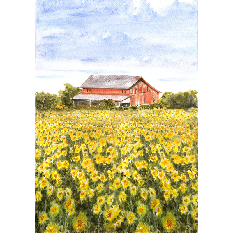 Barn And Yellow Flower Field - Wrapped Canvas Painting,  46cm H  x 30cm W 