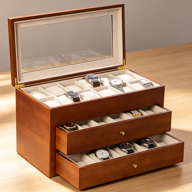 Boîte à montre en bois de cerisier pour 36 montres - Organisateur à plateau en verre avec 2 tiroirs et doublure en velours, brun