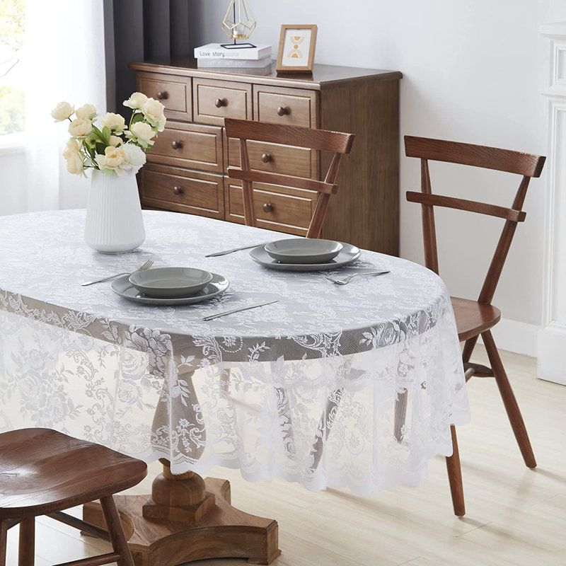 Delmarco Floral Lace Oval Tablecloth, White, 84" x 60"