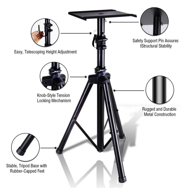Dual Studio Monitor, 2 Speaker Stand Mount Kit, Heavy Duty Tripod Pair, Adjustable Height Speaker Stands - 85 To 135 Cm, Metal Platform Base - Easy Mobility Safety PIN For Structural Stability