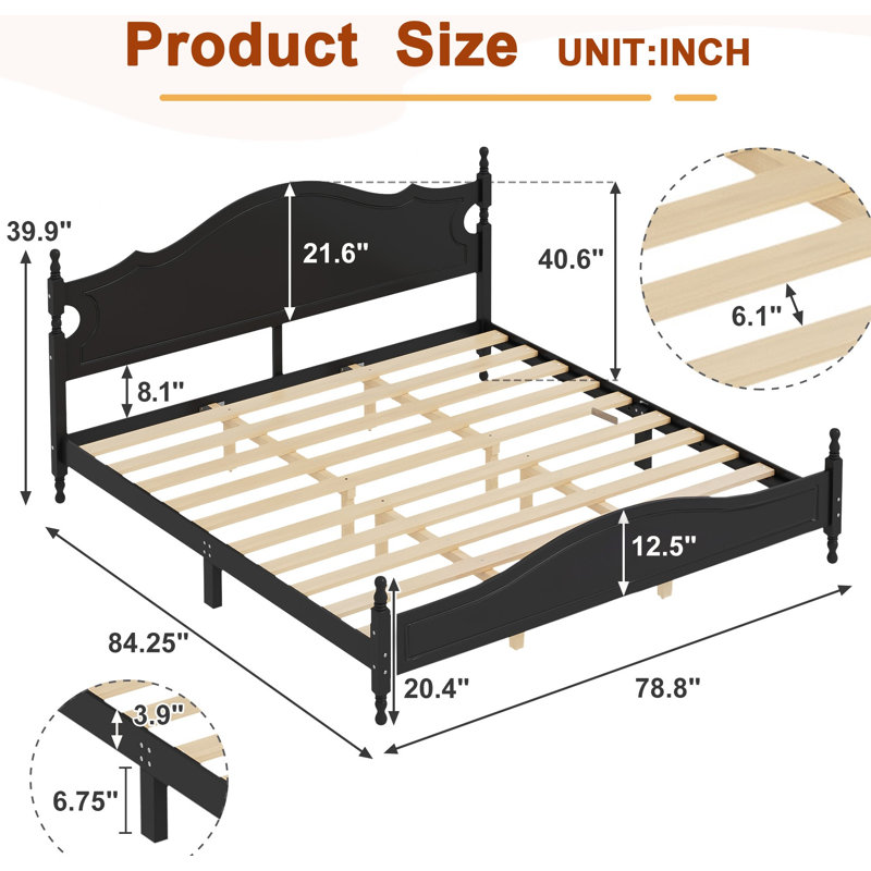 Structure de très grand lit avec tête de lit, lit plateforme en bois de style rétro avec support à lattes de bois, structure de lit très grand sans sommier, assemblage facile