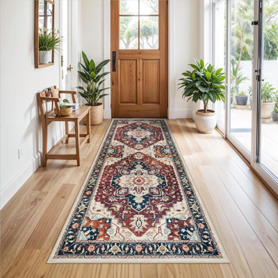 Tapis de couloir lavable - Tapis de couloir Tapis et tapis de cuisine Tapis de couloir antidérapant et lavable pour salon, chambre, salle de bain (rouge)