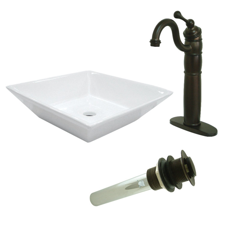Kingston Brass Perfection Ceramic Square Vessel Sink with Faucet and Drain