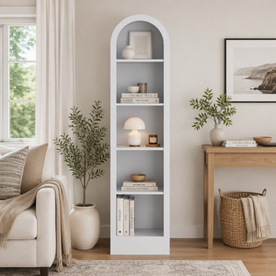 Mid-Century Modern 5-Tier Small Arched Storage Bookcase with Open Display Storage Shelf for Dining Room, Living Room, Bedroom