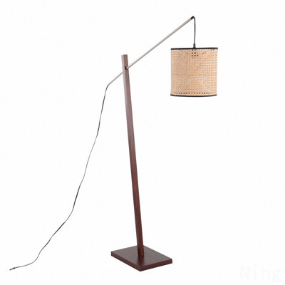Contemporary Floor Lamp In Walnut Wood And Satin Nickel With Rattan Shade By Lumisource