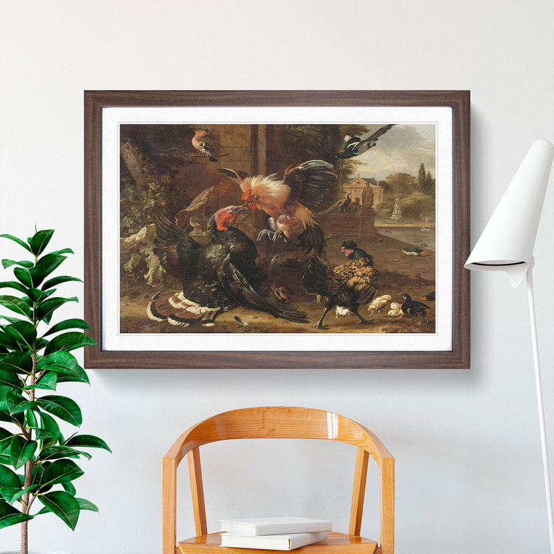Rooster and Turkey Fighting by Melchior D'Hondecoeter - Picture Frame Painting, Walnut Framed, 48cm H x 65cm W x 2cm D
