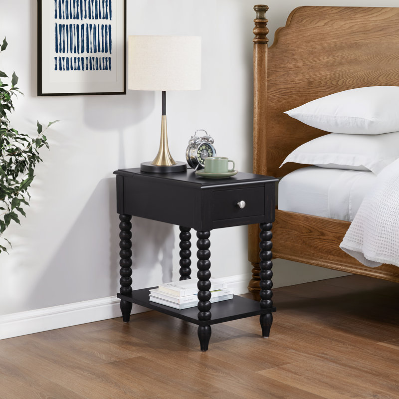 Graeden Solid Wood End Table with Built-In Electrical Outlet, Rustic Black