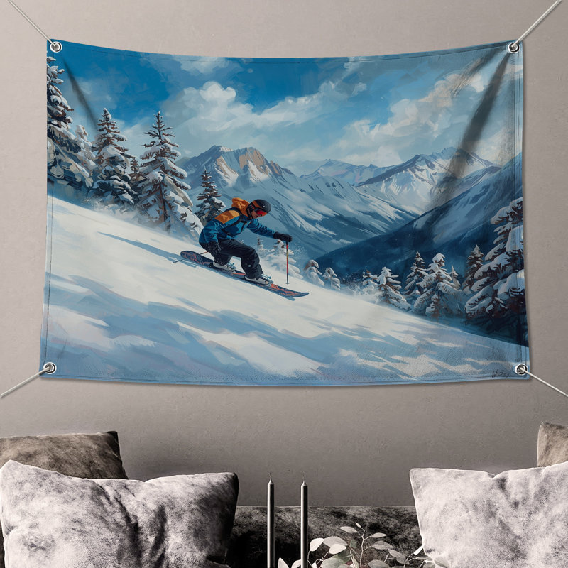 Tapisserie murale Snowy Mountain, H 104 po x 88 avec 4 œillets