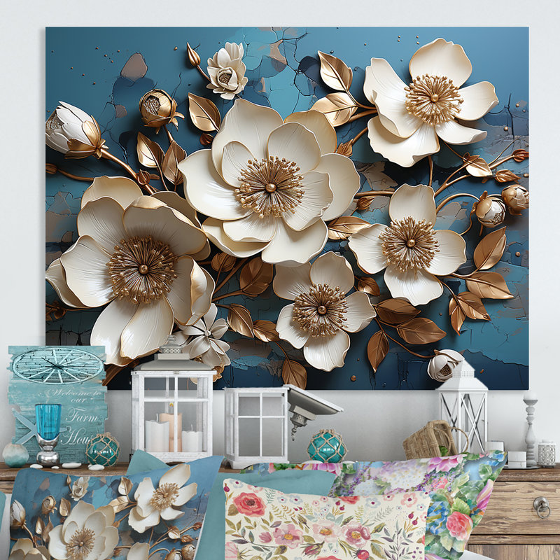 Orchidée dorée blanche et bleue, arbre II - Art floral abstrait en métal, H 30 po x l 40 po x P 1,5 po