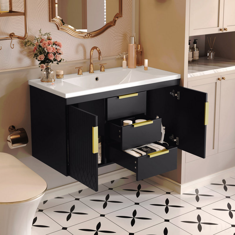 Meuble-lavabo mural avec lavabo en résine, armoire de rangement flottante en bois massif, 2 tiroirs, Noir
