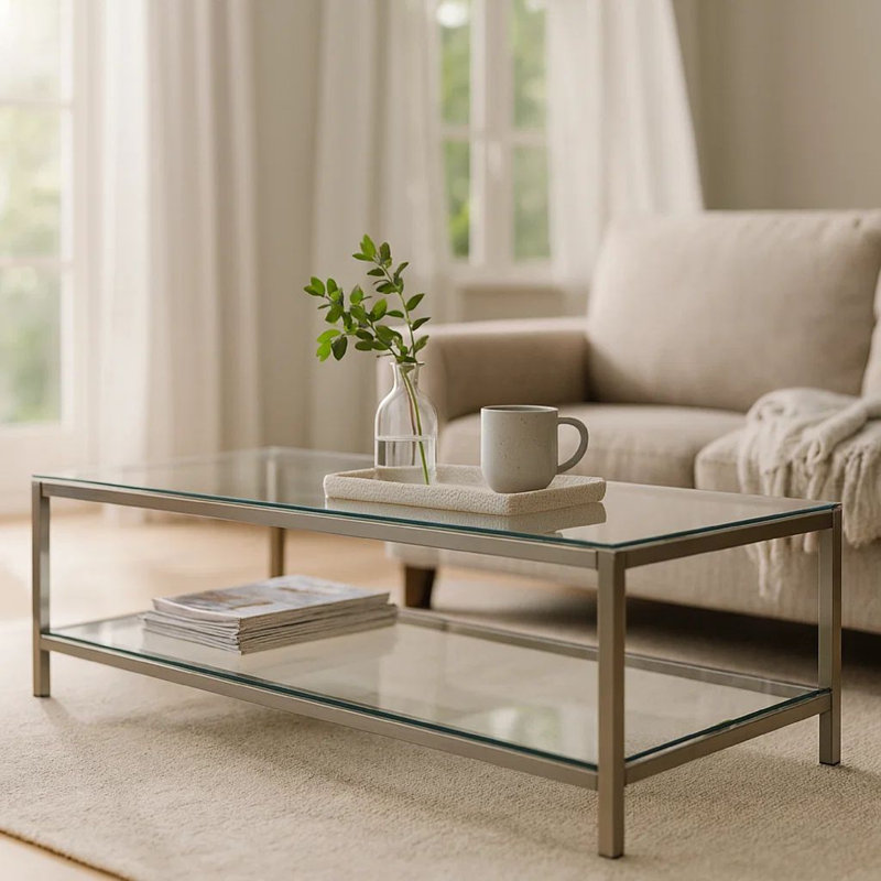 Table basse en nickel noir avec tablette en verre Trini