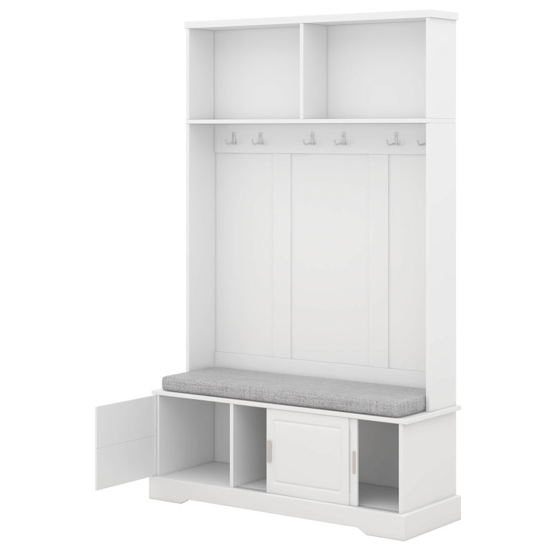 Portemanteau 78,7 po avec portes coulissantes, portemanteau polyvalent avec 6 crochets et poignées argentés, banc avec rangement pour chaussures