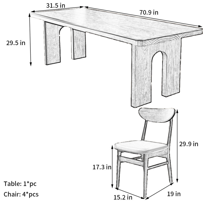 Ensemble de salle à manger Wabi-Sabi, H 29,5 po x L 70,9 po x l 31,5 po