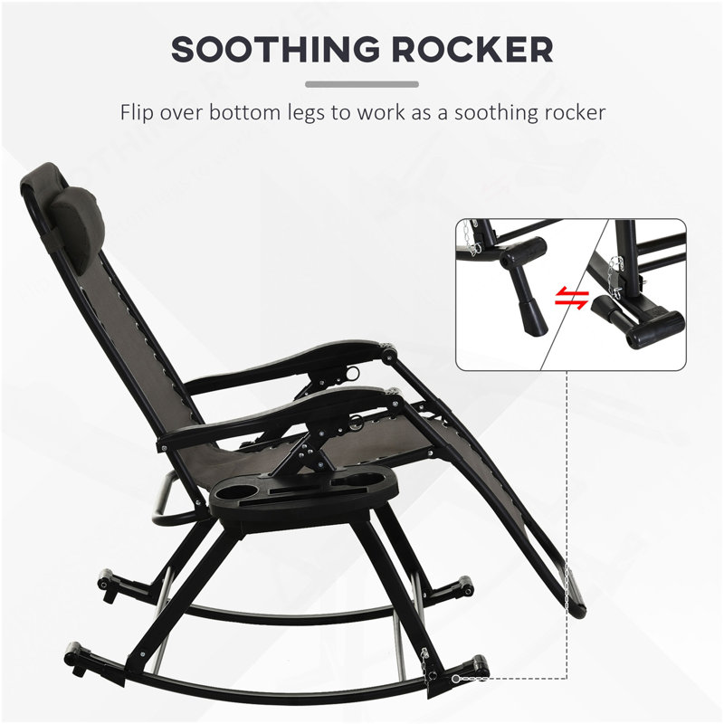 Outdoor Rocking Chairs, Foldable Reclining Anti Gravity Lounge Rocker W/ Pillow, Cup & Phone Holder, Combo Design W/ Folding Legs, Gray