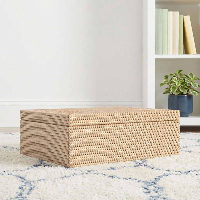 Hand-Woven Rattan Rectangular Basket, White Wash