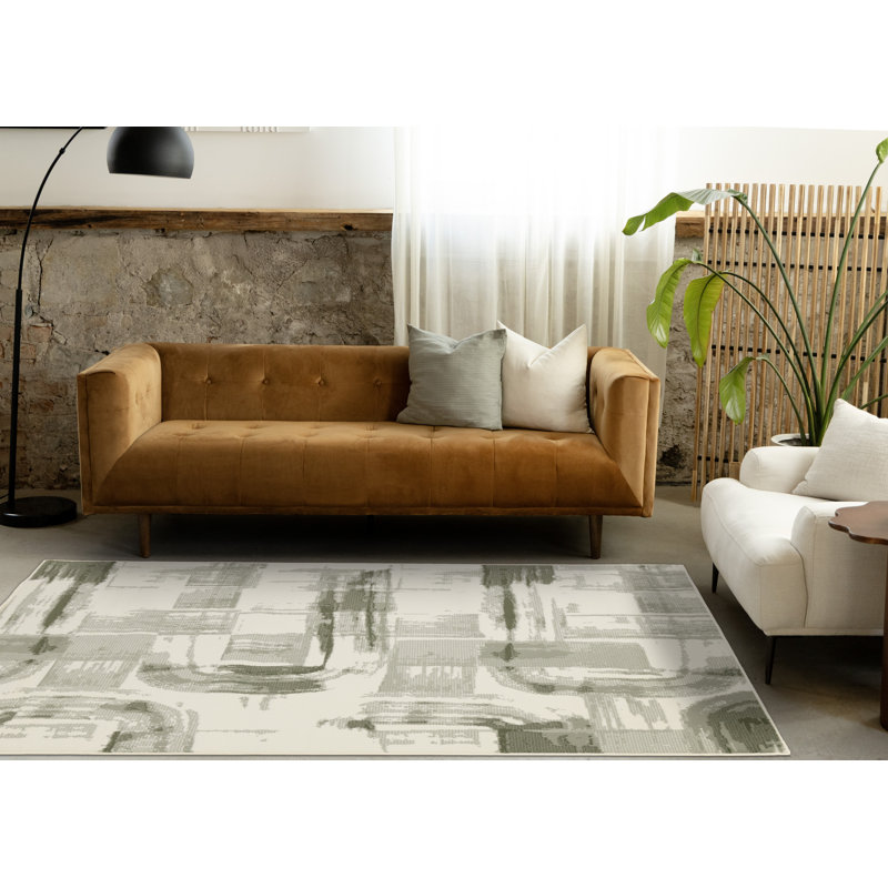 Manzelli Modern Abstract Green Cream Area Rug, Rectangle 6'7" x 9'6"
