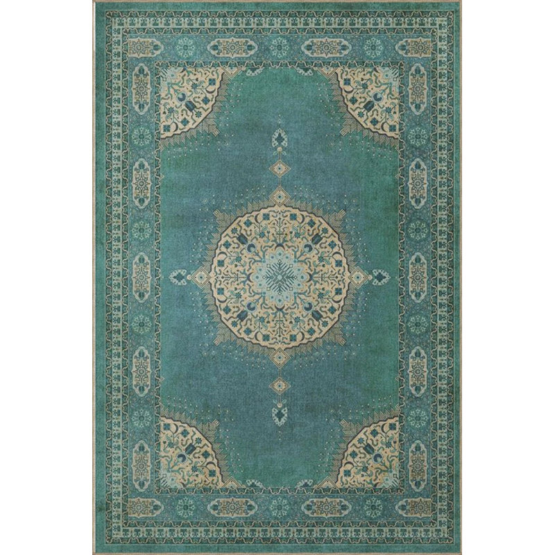 Traditional Woven Based Washable Carpet With Turquoise Frame, Round 4'