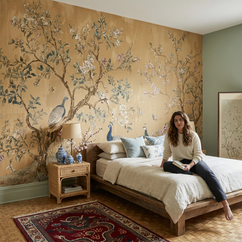 Papier peint chinois avec branches de fleurs amovibles, Non tissé, 200 po x 120 po