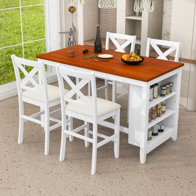 Rustic Dining Table Set with 4 Upholstered Chairs, Functional 3-Tier Shelf