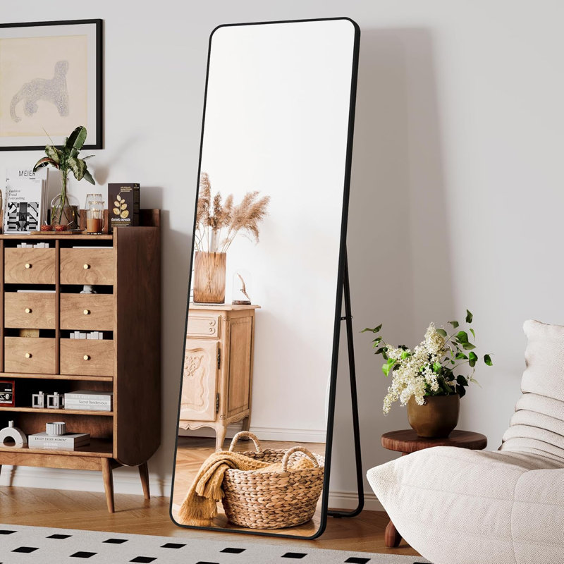 Runhild Aluminum Rectangle Floor Mirror with Hooks
