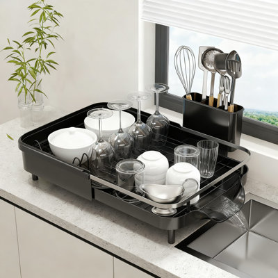 Expandable Dish Drying Rack For Kitchen Counter With Drainboard And Utensil Holder, Over The Sink Dish Drainer With Efficient Drainage System, Rustproof Stainless Steel Construction