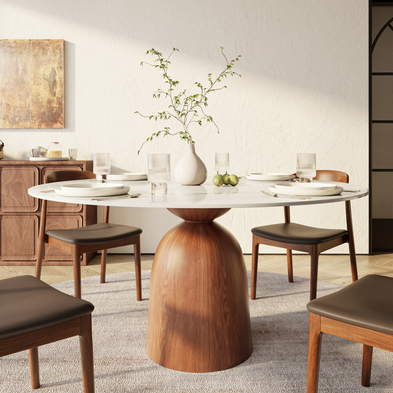 5Pcs Kitchen Dining Table Set Farmhouse Round Pedestal (1 Table 4 Upholstered Chairs), White, 29.52" H x 47.24" L x 47.24" W