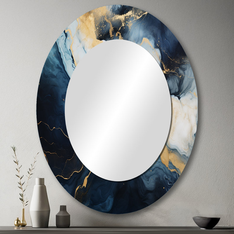 Or et bleu, peinture abstraite en marbre IV - miroir décoratif ovale abstrait sur métal, 43 po x 33 po