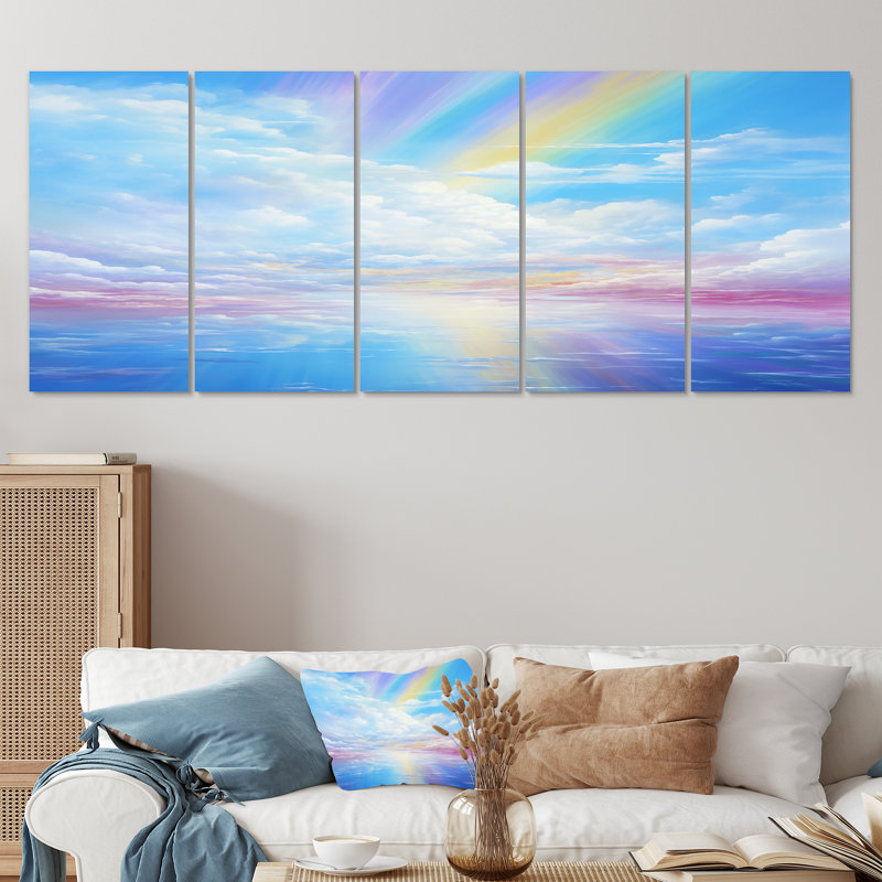 Arc-en-ciel avec nuages roses et ciel bleu - ensemble d'art mural 5 pièces, H 28 po x l 60 po