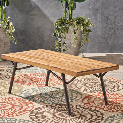 Table de patio moderne en bois, pieds en fer, finition rustique, 50 po x 23,5 po x 17,87 po, table contemporaine avec supports, l 50 po x P 23,5 po, P 17,87 po