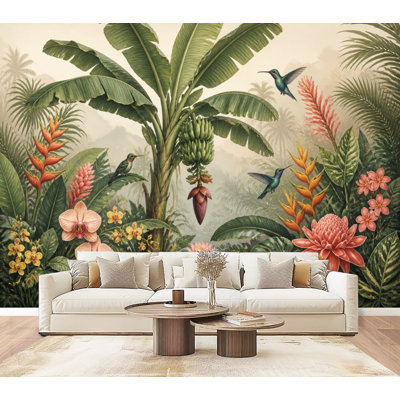 Adhésif mural scène tropicale de jungle, colibris, fleurs, colibris, papier peint adhésif auto-adhésif moderne pour le salon de la chambre à coucher, L 69 po x l 96 po