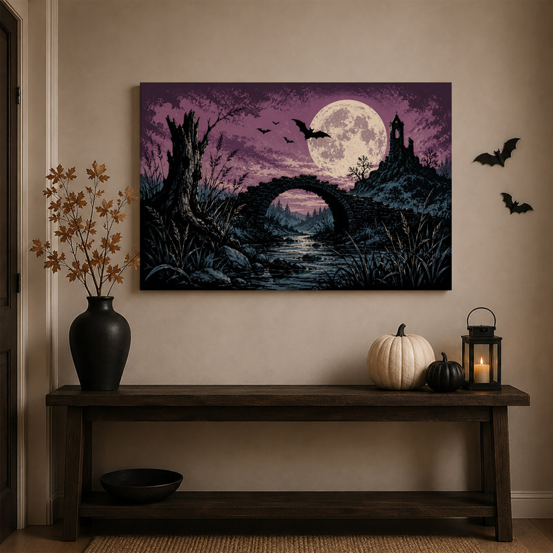 Pont de pierre et tour en ruine sous une lune violette - Toile murale d'Halloween, H 16 po x l 24 po