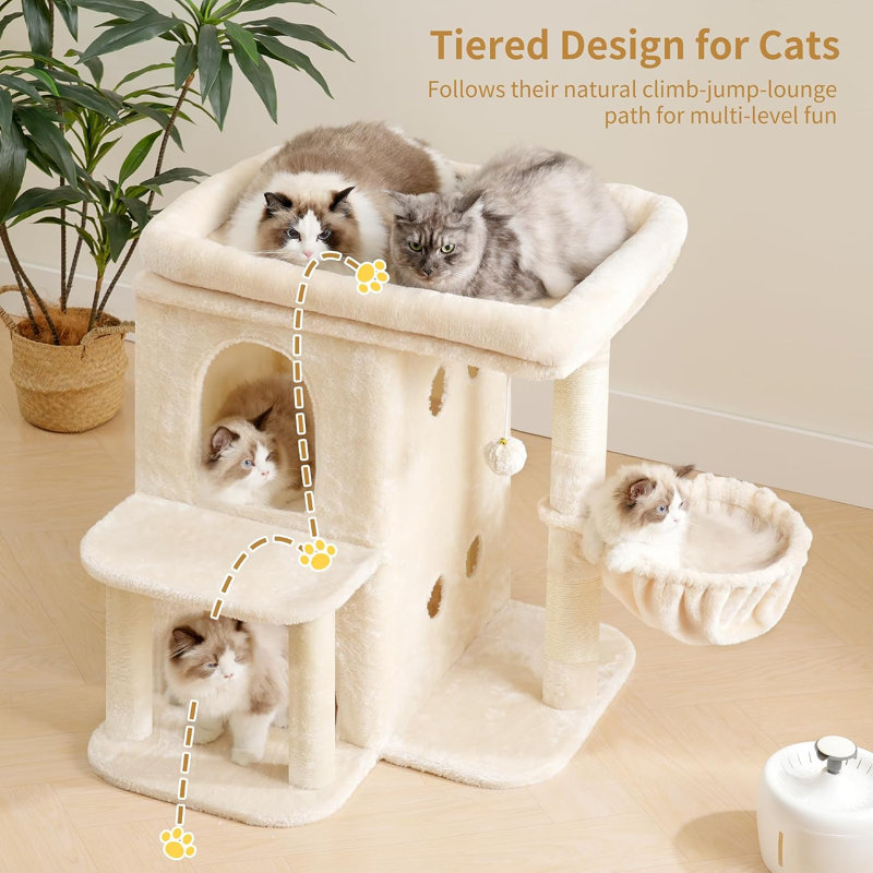 Arbre à chat avec grand perchoir et deux condos spacieux Tour pour chat avec poteaux à griffer, meubles pour chat avec panier confortable et pompon, beige
