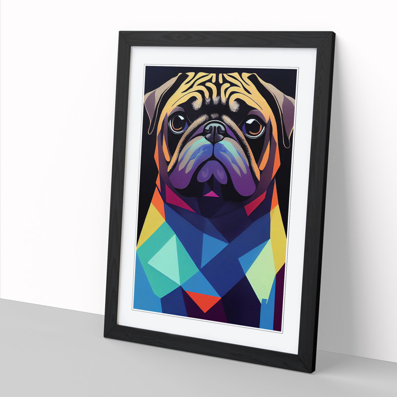 Pug Dog Geometric Vol.1 - Single Picture Frame Painting, Oak, 64cm H x 46cm W x 2cm D