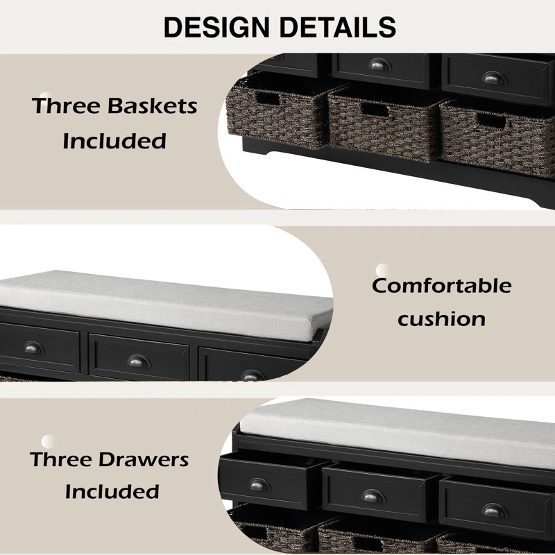 Banc de rangement en bois avec 3 tiroirs et 3 paniers Homes Collection, Noir