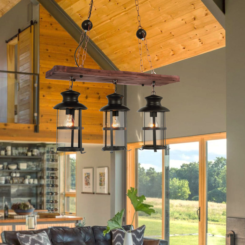 Lustre rustique en bois et métal à 3 lumières Ammber