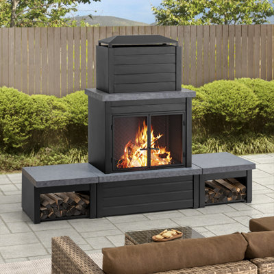  Sunjoy Outdoor Fireplace, Patio Wood Burning Steel Fireplace with Chimney, 2 Side Log Holders, Fireplace Tool and PVC Cover