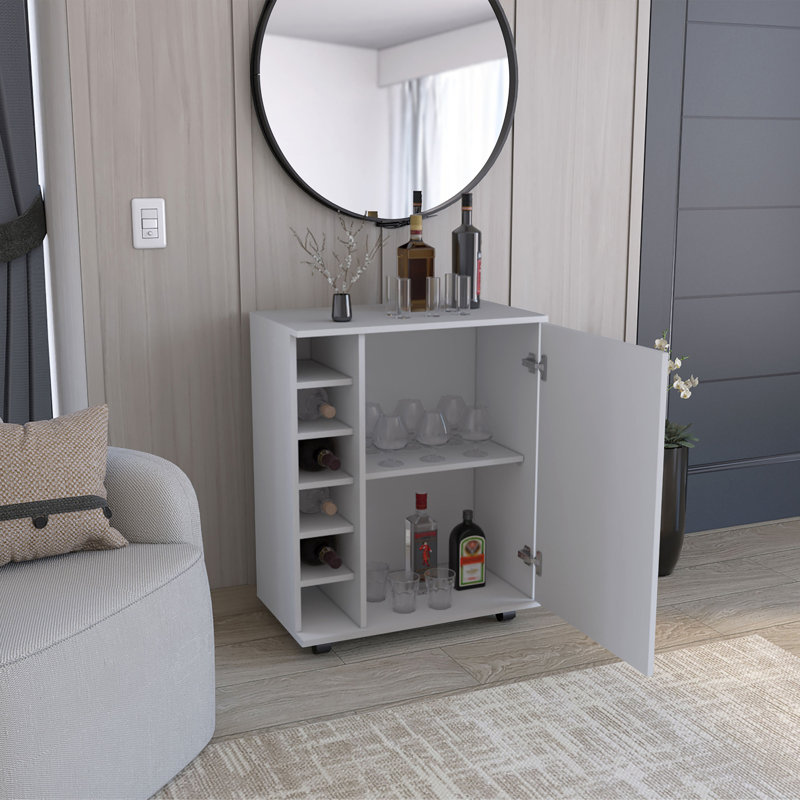 Wick Bar Cart with Integrated Wine Storage, Spacious Cabinet and Smooth Rollers, White