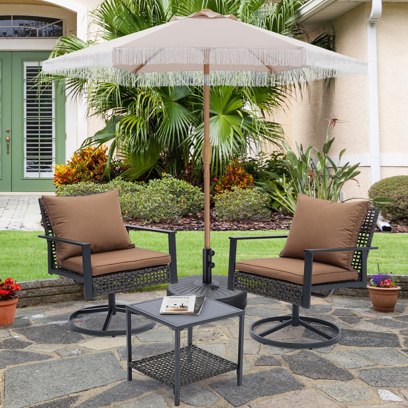 4 Piece Outdoor 360 Swivel Chair Set With Umbrella, Beige, Brown