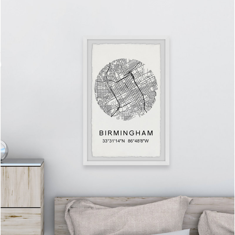 «Birmingham Circle Map - Reproduction d'art textuel sur papier encadré, H 36 po x l 24 po x P 1,5 po